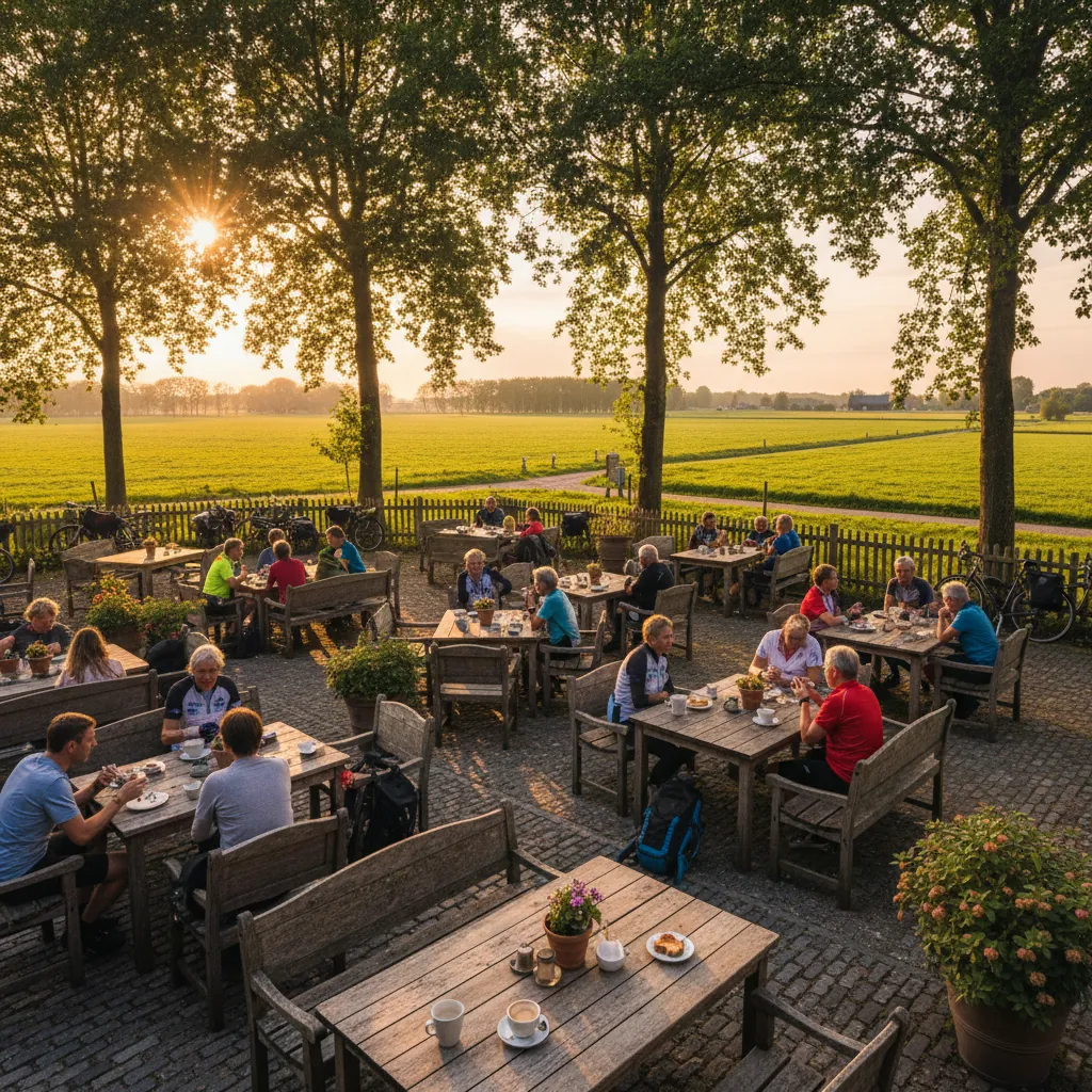 Terras van Rustpunt de Knollemanshoek in het gouden uur — fietsers en wandelaars rusten aan houten tafels