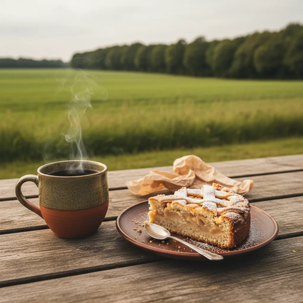 Verse koffie en zelfgemaakte appeltaart op een houten picknicktafel buiten